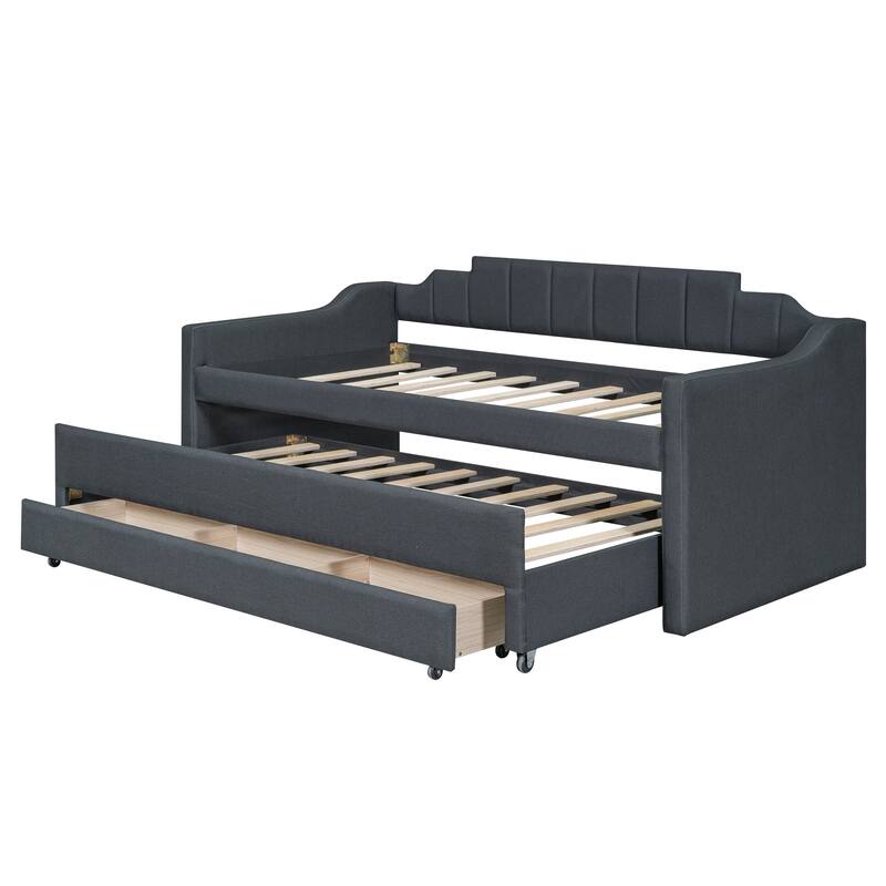 Twin Size Upholstered Daybed with Trundle and Three Drawers in Grey