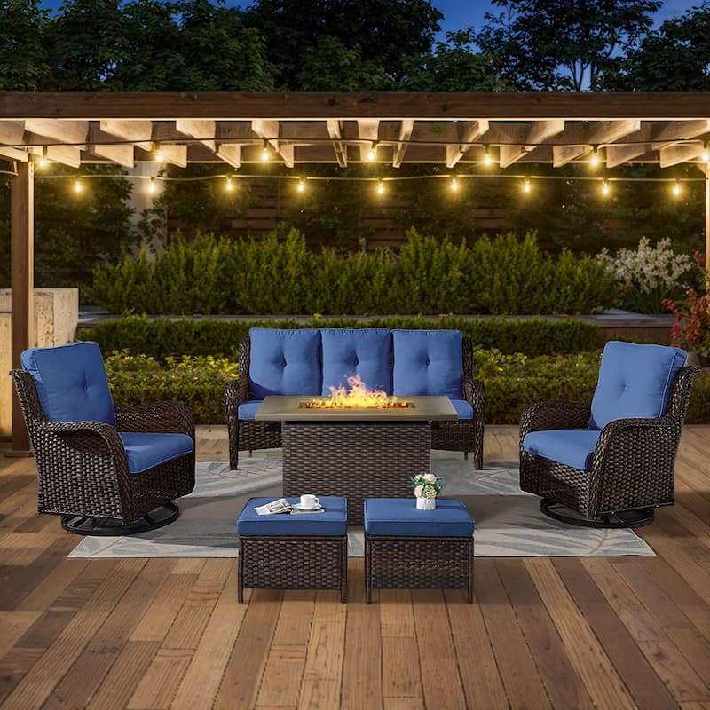 Gymojoy 6-Piece Outdoor Wicker Patio Furniture with Fire Pit Table, Rattan Coversation Set with Water Resistant Thick Cushions