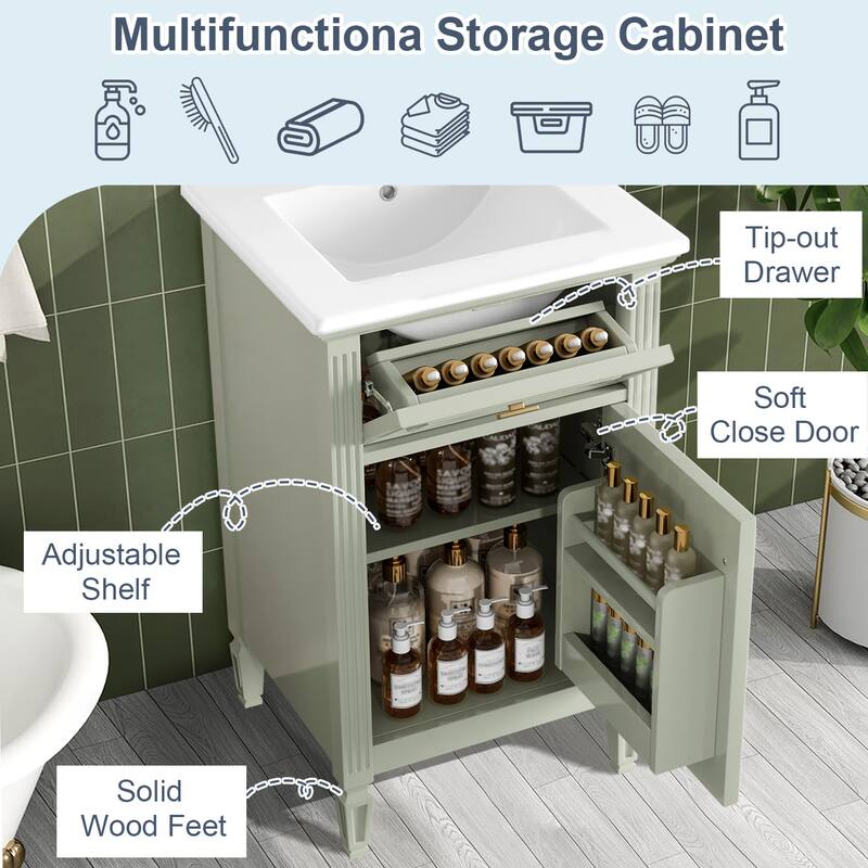 20" Bathroom Freestanding Vanity with Ceramic Sink,Solid Wood Legs,Adjustable Shelf,Tilt-Out Drawer