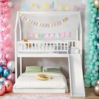 Twin over Full House Bunk Bed with Slide and Built-in Ladder,Full ...