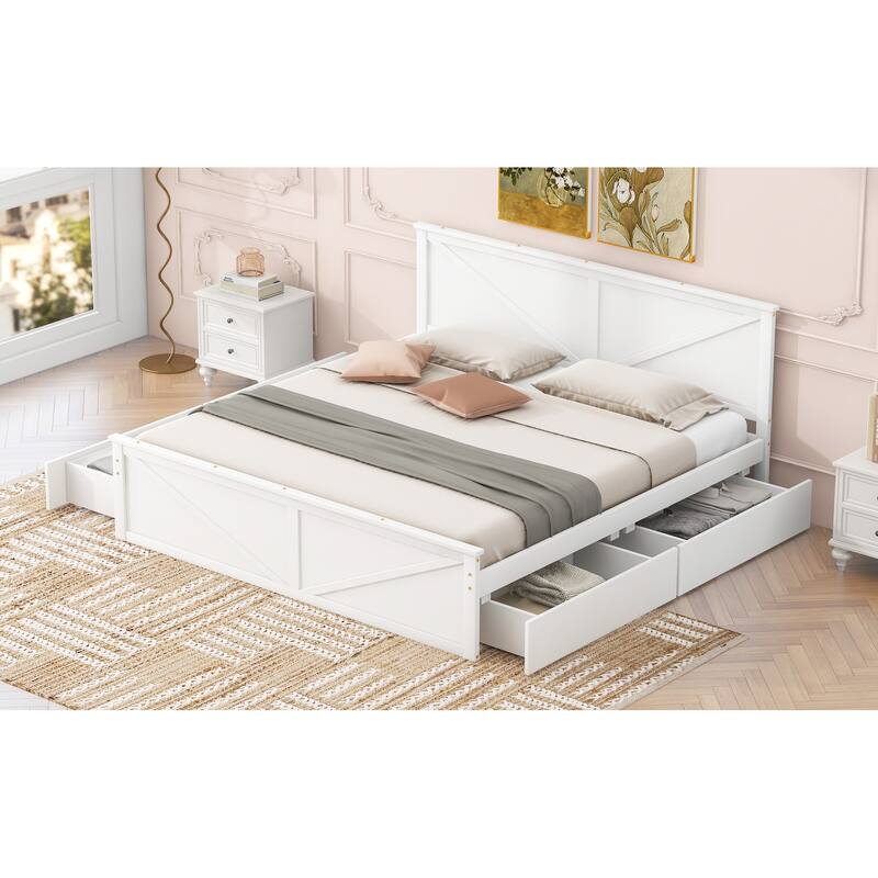 King Size Wooden Platform Bed Frame with Four Storage Drawers and Headboard, No Box Spring Required, Bedroom Furniture