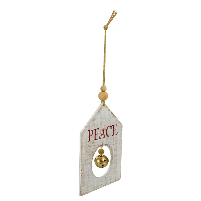 Rustic Wooden "Peace" with Bell Christmas Tag Ornament - 8" - Gold and White