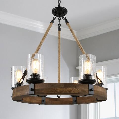 Farmhouse 6-Light Wagon Wheel Solid Wood Chandelier for Dining Room - D25"x H 28"