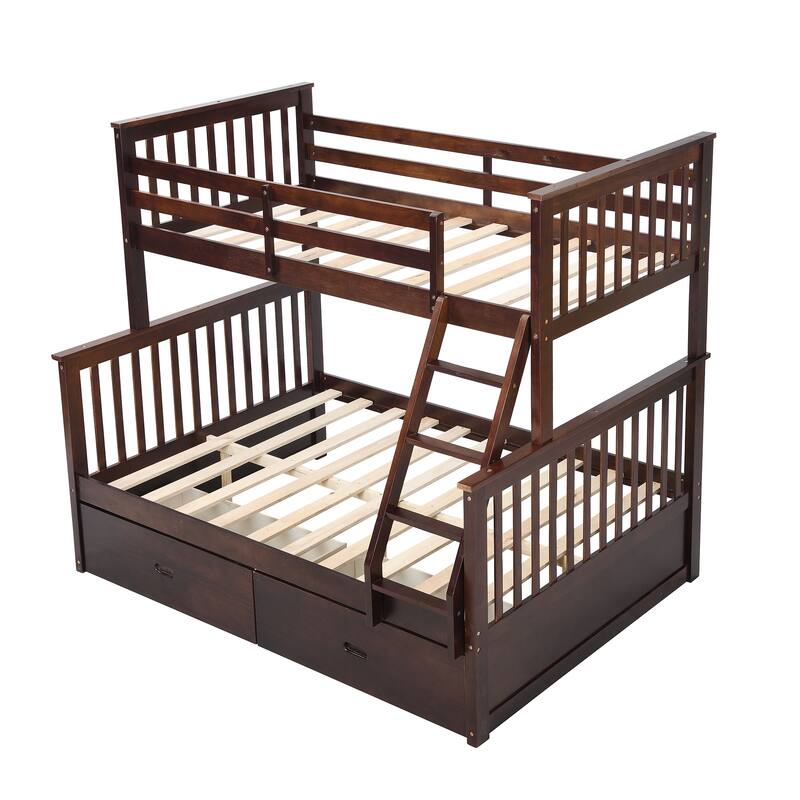 Twin Over Full Bunk Bed with Storage Drawers, Wooden Bunk Bed with Ladder and Safety Guard Rails -Espresso