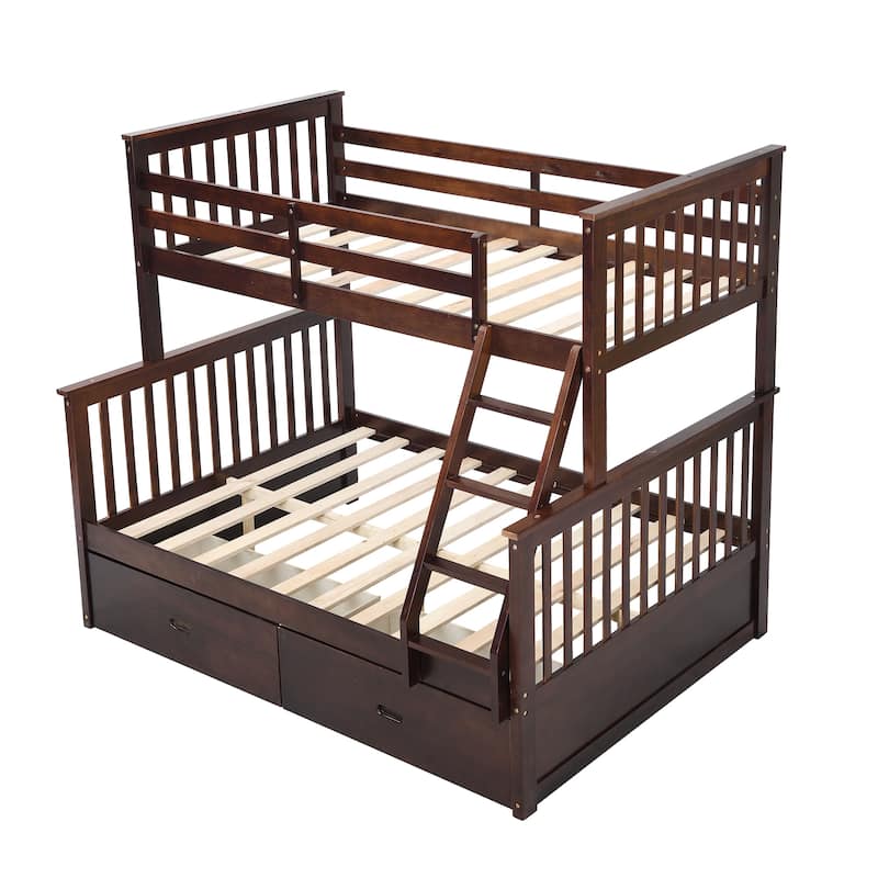 Twin Over Full Wooden Bunk Bed with Storage Drawers, Ladder, and Guardrails, Space-Saving for Kids' Rooms