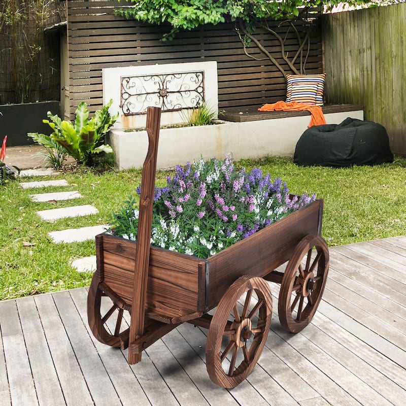 Wooden Wagon Backyard Grow Flowers Planter with Wheels