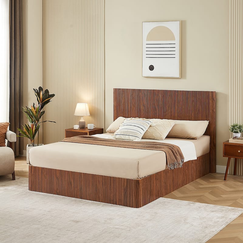 Queen Hydraulic Lift Up Storage Bed, Classic Wooden Grounding Platform Bed Frame, Heavy Duty Metal Slat Support