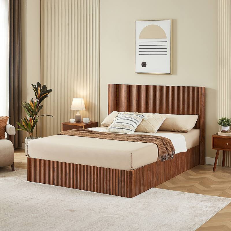 Queen Size Hydraulic Lift Storage Bed Frame, Wooden Corrugated Design, No Box Spring Needed, Walnut Finish - Walnut