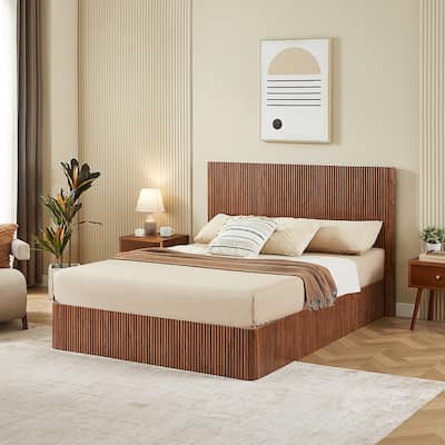Queen Size Lift Up Storage Bed Frame, Wooden Corrugated Curved Lines, Hydraulic Storage/No Box Spring Needed