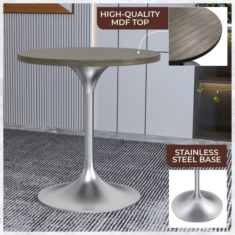 LeisureMod Verve 27" Round Dining Table with MDF Wood TableTop and Brushed Chrome Base for Kitchen & Dining Room