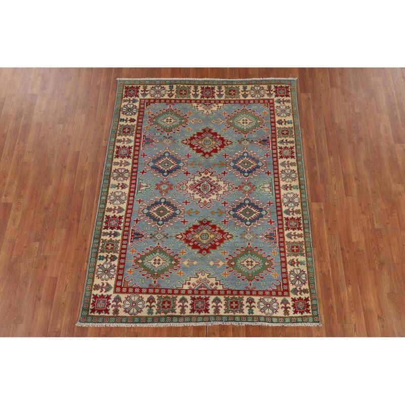 Light Blue Geometric Kazak Rug Living Room Hand-Knotted Wool Carpet - 5'0" x 6'7"