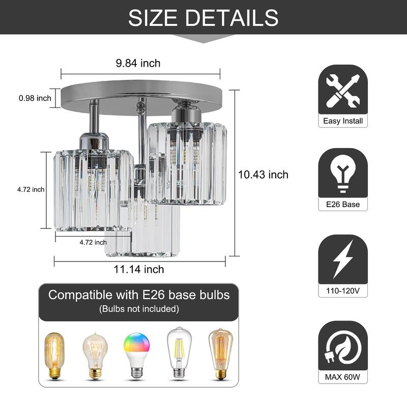 Starsky 3-Light Modern Glass Crystal Semi Flush Mount Ceiling Light