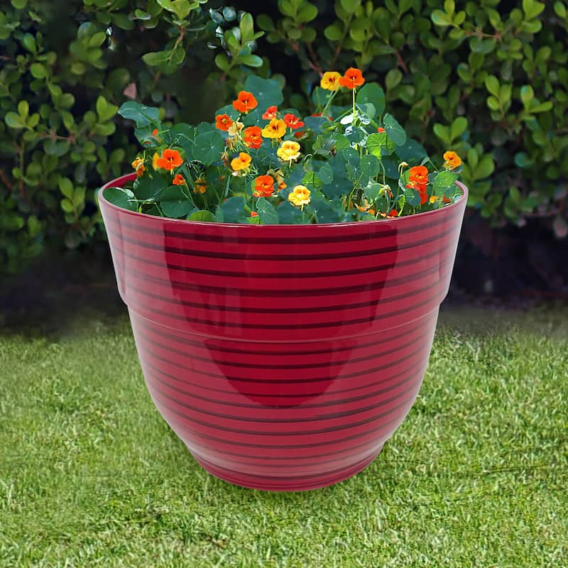 Alpine Corporation 13" Red Round Striped Planter w/ Drainage Hole/Plug