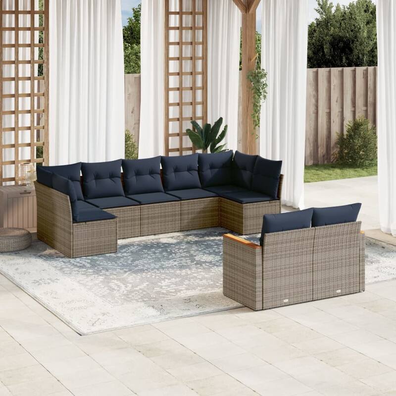 vidaXL 9/10 Piece Patio Sofa Set with Cushions Black/Brown/Gray Poly Rattan - 24.4 x 24.4 x 27.2 - Gray Without table