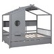 preview thumbnail 24 of 34, Playhouse Design Full Size House Wooden Bed With Trundle, Modern Design for Kids with Storage Shlef-White