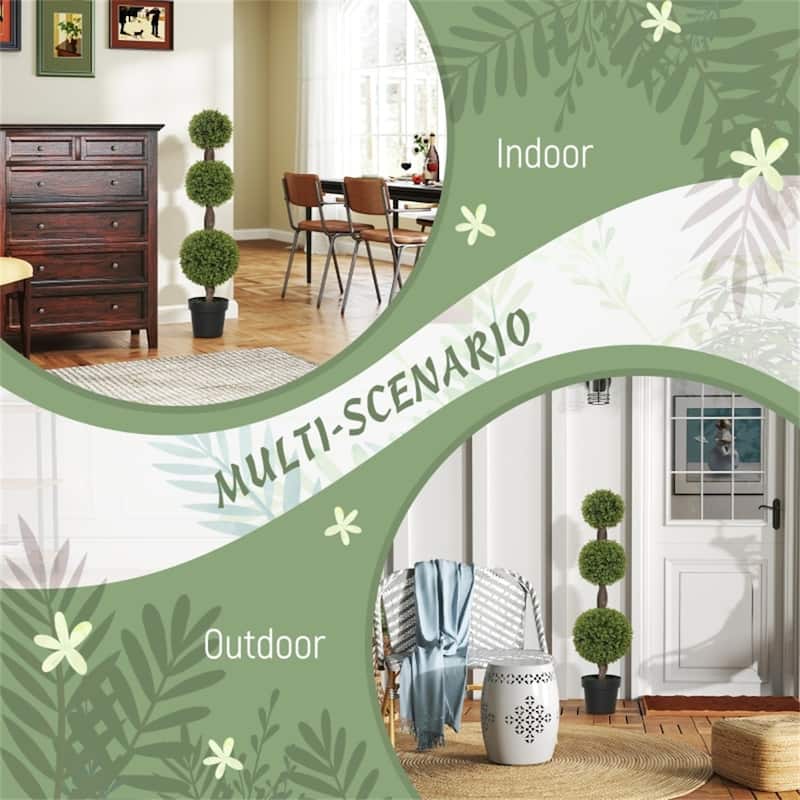 Set of 2 Green Artificial Boxwood Topiary Plants with Three Ball Design and Cement Base for Indoor Outdoor - 7.7" x 45.3"