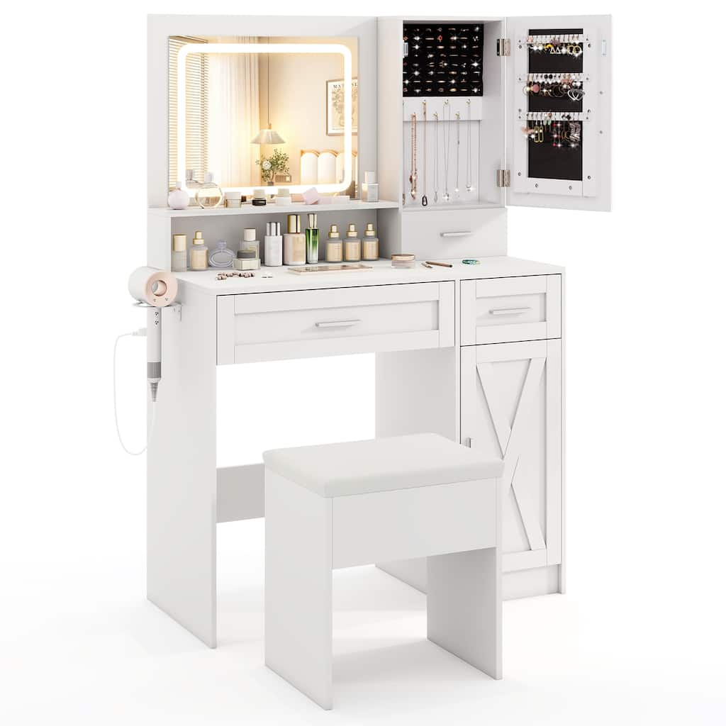 Gymax Farmhouse Vanity Set w/Mirror & Lights 3 Lighting Modes &