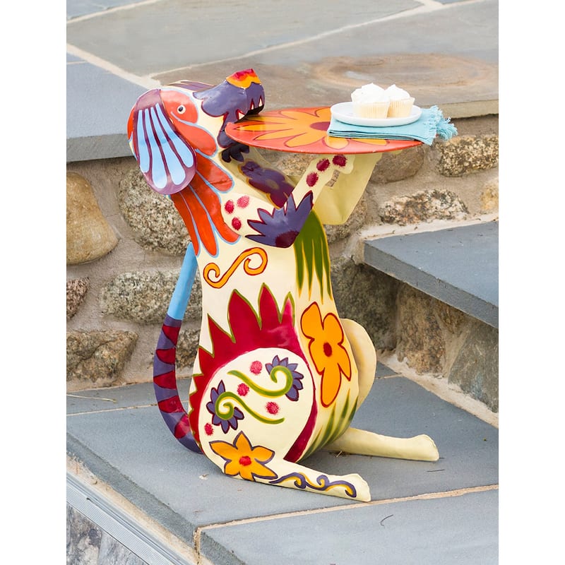Handmade Colorful Painted Folk Art Metal Dog Side Table