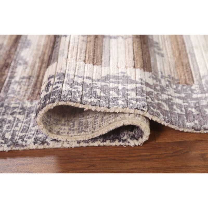 Striped Abstract Area Rug Handmade Oriental Wool Carpet - 4'0"x 5'9"