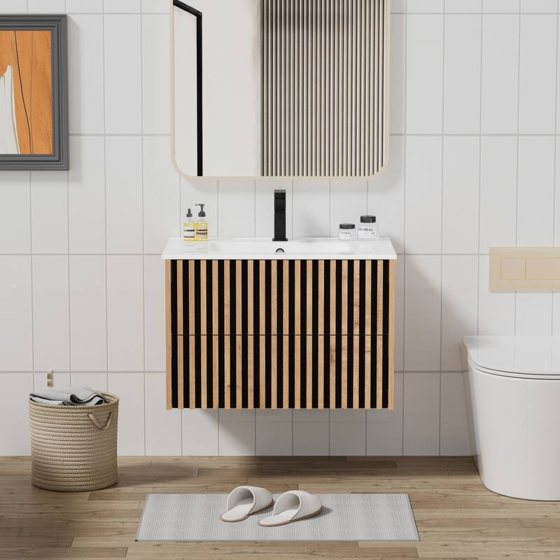 Wall Mounted Bathroom Vanity Set Mid-Century Storage Cabinet with Ceramic Sink - 30 in - Brown