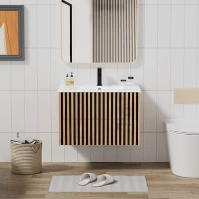 Wall Mounted Bathroom Vanity Set Mid-Century Storage Cabinet with Ceramic Sink