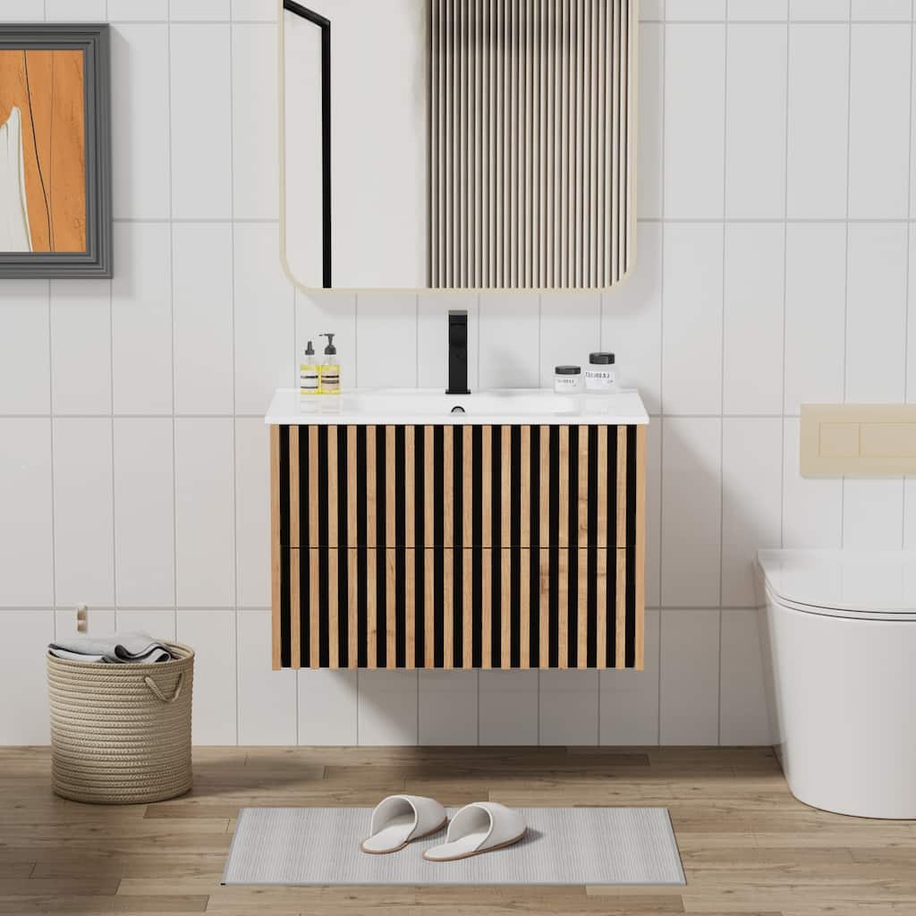 Wall Mounted Bathroom Vanity Set Mid-Century Storage Cabinet with Ceramic Sink