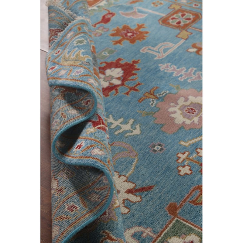 Blue Floral Oushak Area Rug Handmade Wool Carpet - 8'10"x 11'10"
