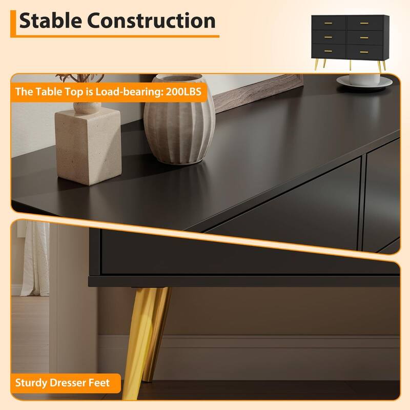 Modern 6 Drawer Dresser in White and Black, Featuring Gold Handles, Wide Wooden Drawers for Bedroom