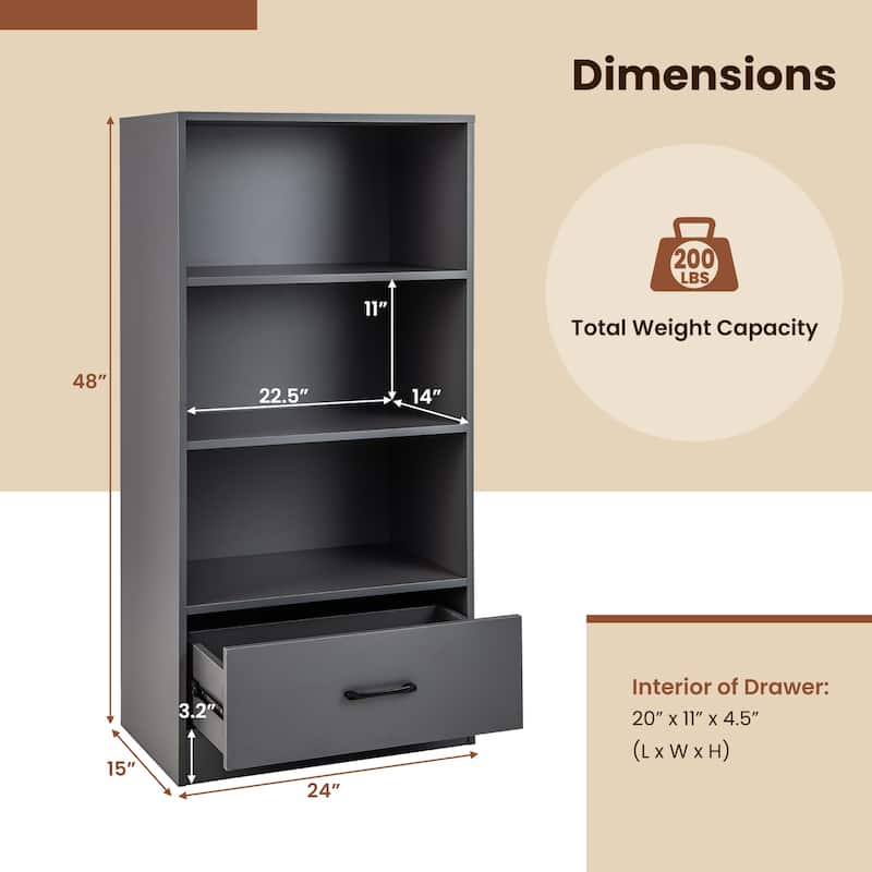 48 Inch Tall 4 Tiers Wood Bookcase with Drawer - 24" x 15" x 48"