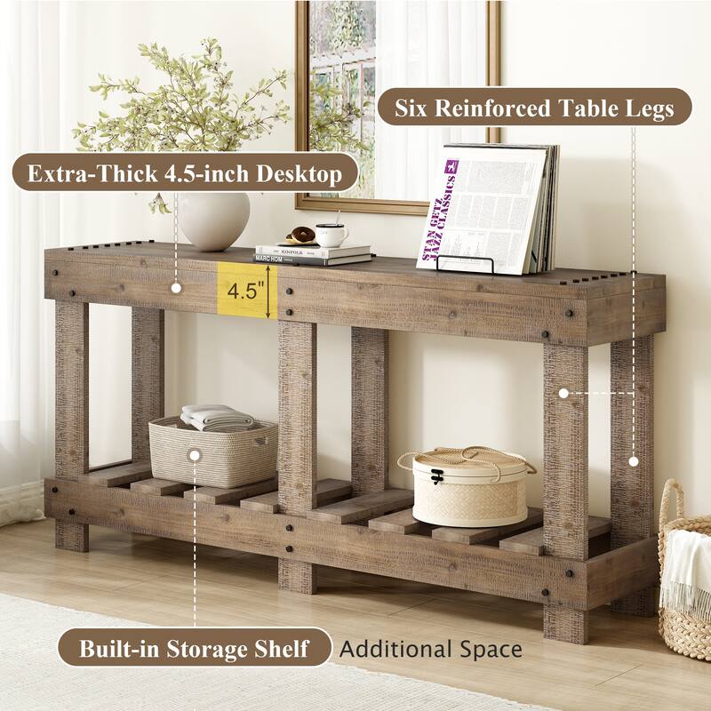 62.9" Vintage Fir Wood Entryway Console Table with Metal Rivet Accents, 6 Legs and Open Shelf Storage