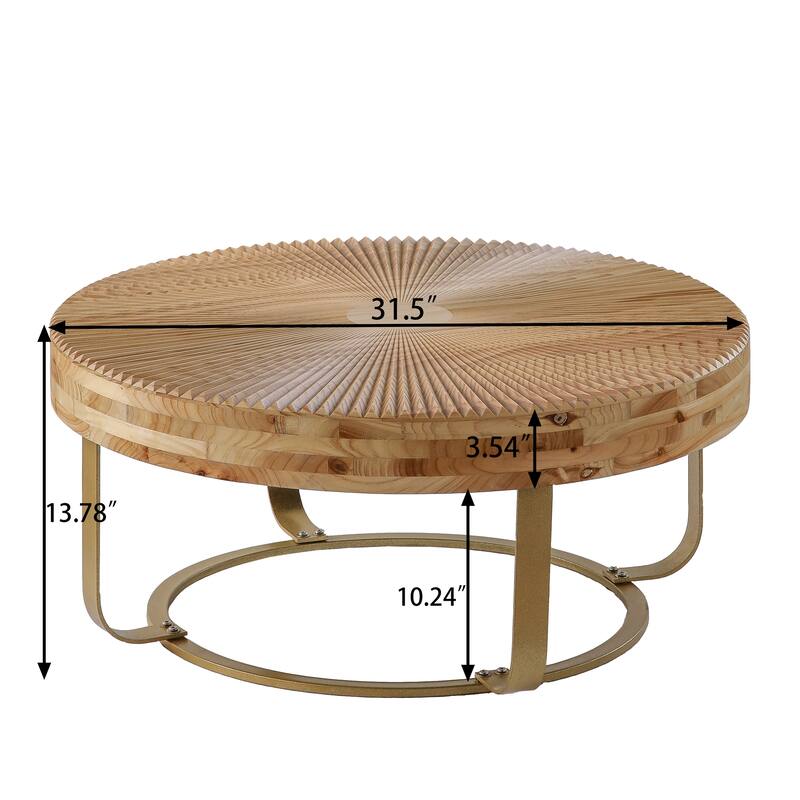 GDFStudio Calvion Round Pine Wood Coffee Table with Steel Frame and Carving Pattern