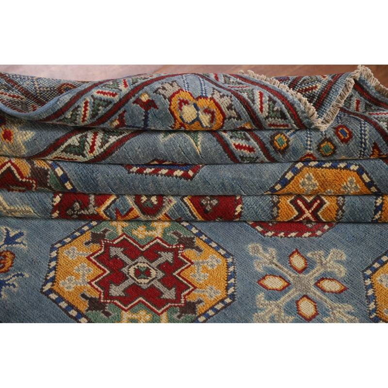 Hand Knotted Oriental 100% Wool Carpet Traditional All-Over Navy Blue & Blues Kazak Area Rug - 9' 8'' X 6' 9''