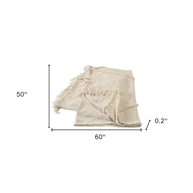 HomeRoots 60" X 50" Cream Woven Cotton Throw Blanket with Fringe