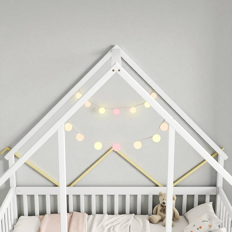 Twin/Full Size Wooden House-Shaped Floor Bed with Fence and Guardrails, Kids Montessori Bed with Roof Frame