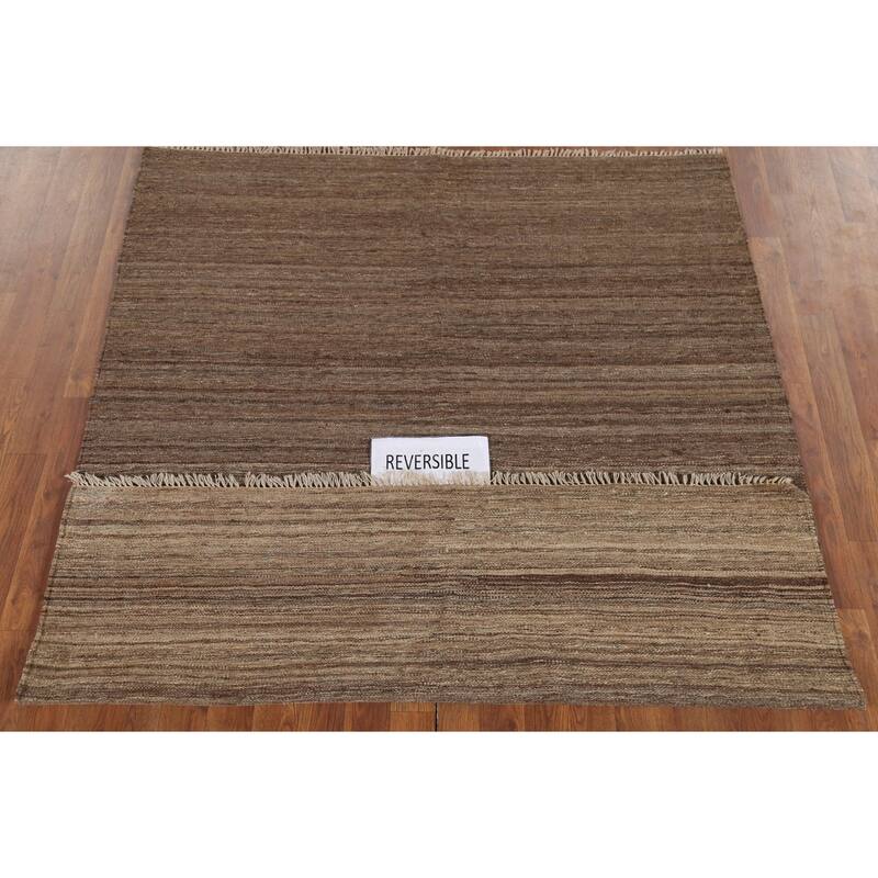 All-Over Striped Brown Kilim Persian Area Rug Handmade Wool Carpet - 5'0"x 6'6"