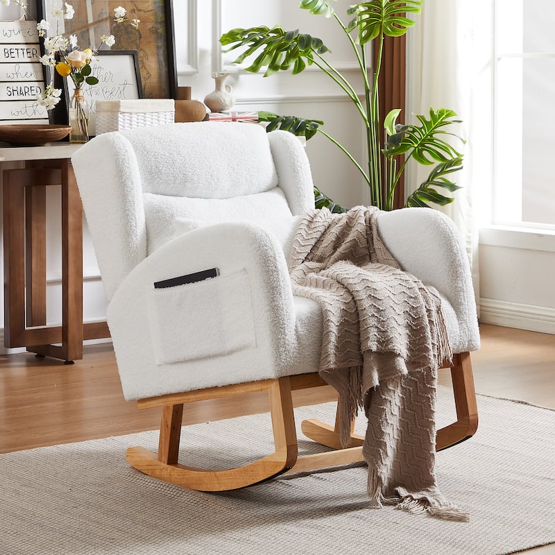 Rocking Glider Chair Wingback Accent Rocker Chair Upholstered Tall Back Arm Chair w/Side Pockets, for Living Room, Hote