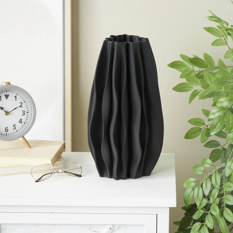 Ceramic Abstract Dimensional Wavy Ribbed Decorative Vase with Floral Shaped Rim - Black - Roche River Decor