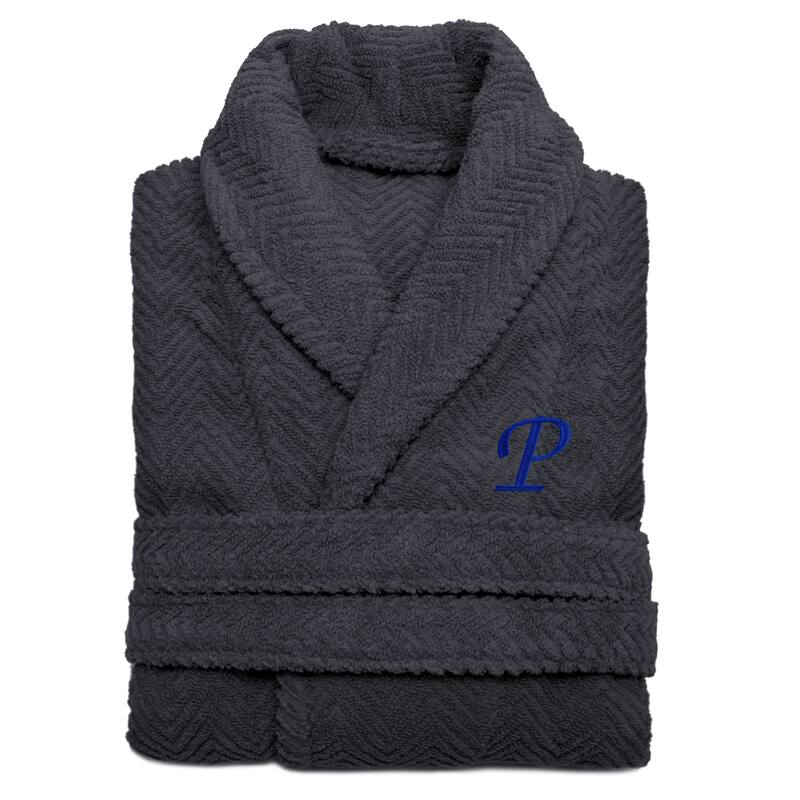 Authentic Hotel and Spa Charcoal Grey with Blue Monogrammed Herringbone Weave Turkish Cotton Unisex Bath Robe - S/M - P