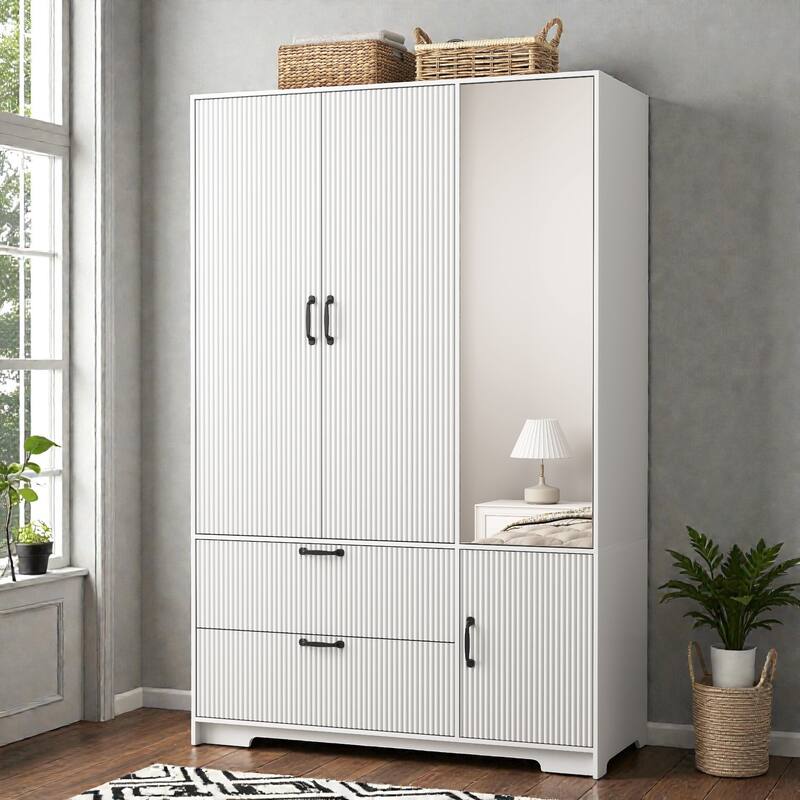 4 Door Wardrobe Closet with Mirror and LED Light, Wooden Wardrobe Cabinet with 2 Drawers Hanging Rod and Shelves