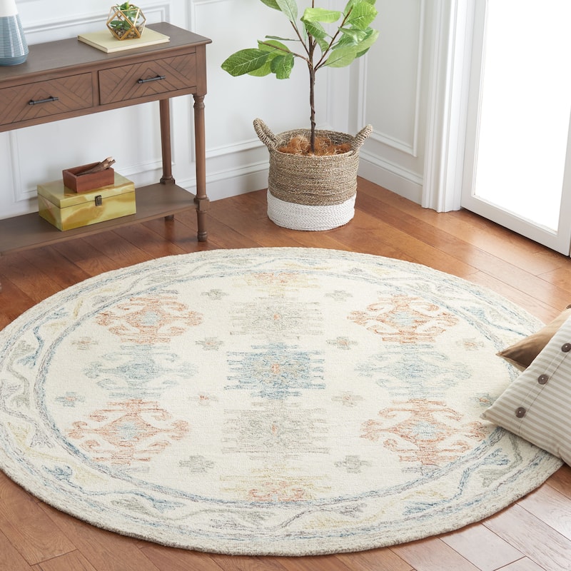 SAFAVIEH Handmade Micro-Loop Indira Rustic Wool Rug - 6' Round - Ivory/Blue