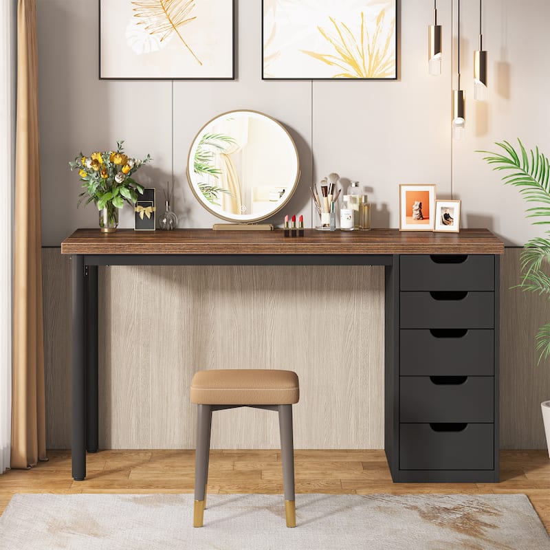 Vanity Desk with 5 Drawers, Modern Makeup Desk with Mulitple Storage, Gifts for Christmas - Black+Brown