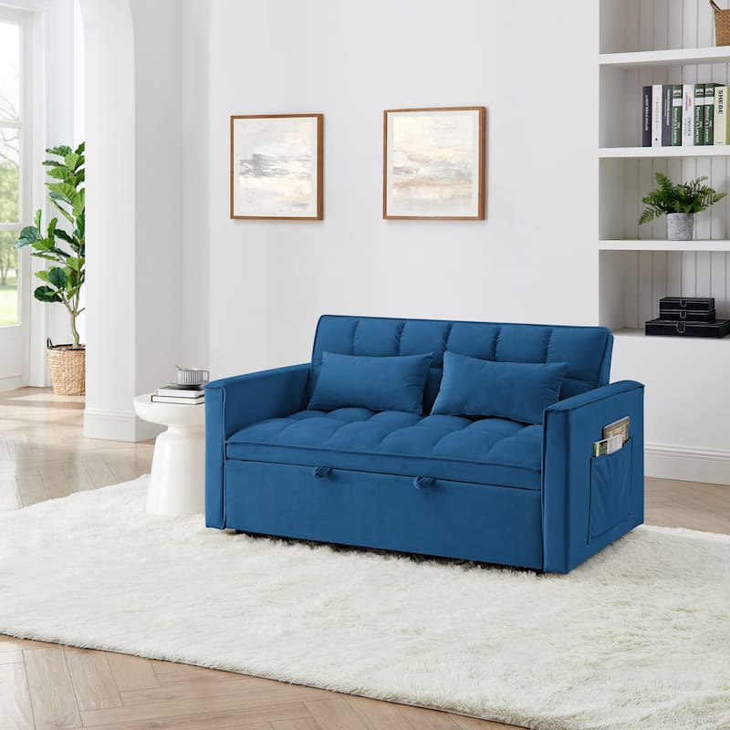 54.33 inch versatile foldable sofa bed in 3 lengths, velvet pull-out bed, adjustable back (Antique Blue)