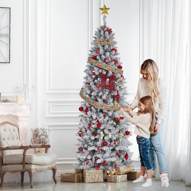 6ft Prelit Flocked Pencil Christmas Tree with Lights, Slim Artificial Xmas Tree with Snowy Branch