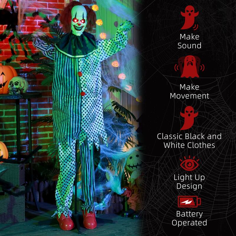 6FT Animatronic Circus Clown Halloween Prop Motion Sound Activated Light-Up Eyes Laughter