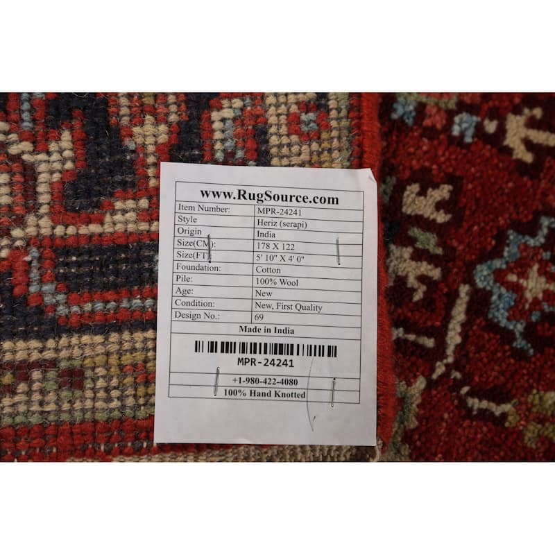 Geometric Heriz Serapi Oriental Rug Orange Handmade Wool Carpet - 4'0"x 5'10"