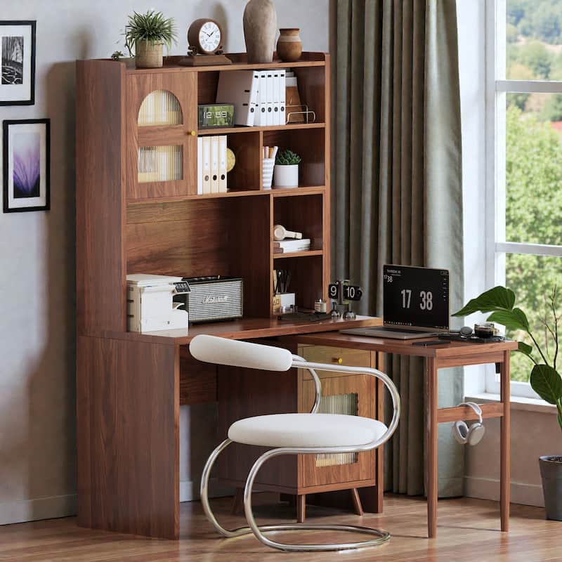 43 Inch Computer Desk with 90 Degree Rotating Desktop, Office Desk with Drawer Cabinets and Shelves for Home Office