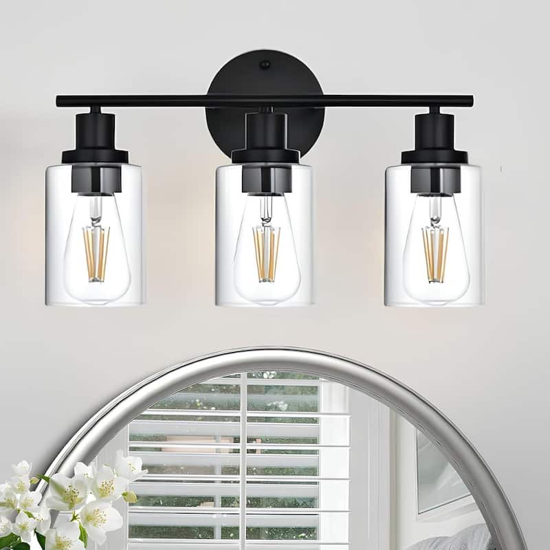 3-Light Bathroom Light Fixtures, Brushed Nickel Modern Vanity Lights Over Mirror with Clear Glass Shade, Bathroom Wall Lamp - Black