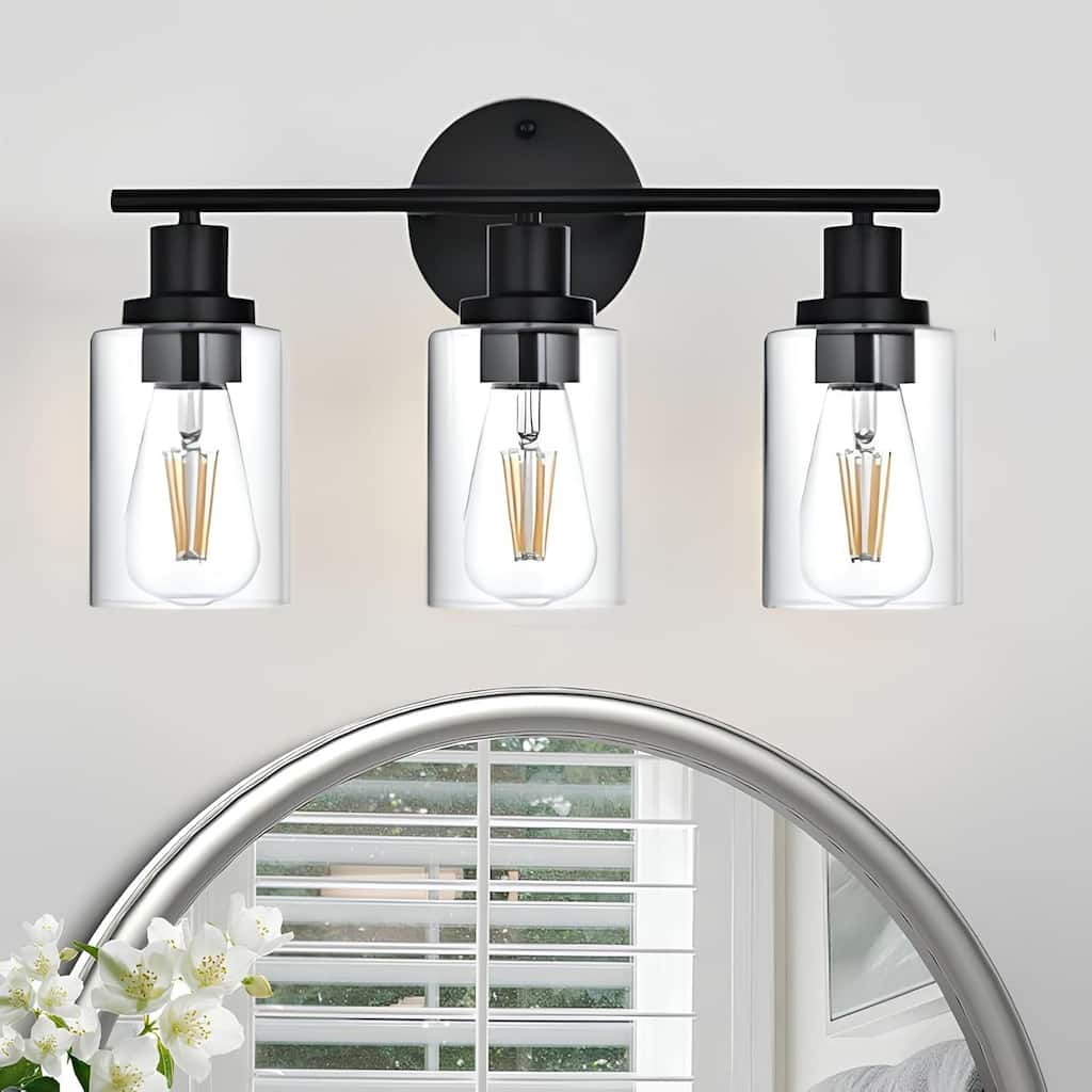 3-Light Bathroom Light Fixtures, Brushed Nickel Modern Vanity Lights Over Mirror with Clear Glass Shade, Bathroom Wall Lamp