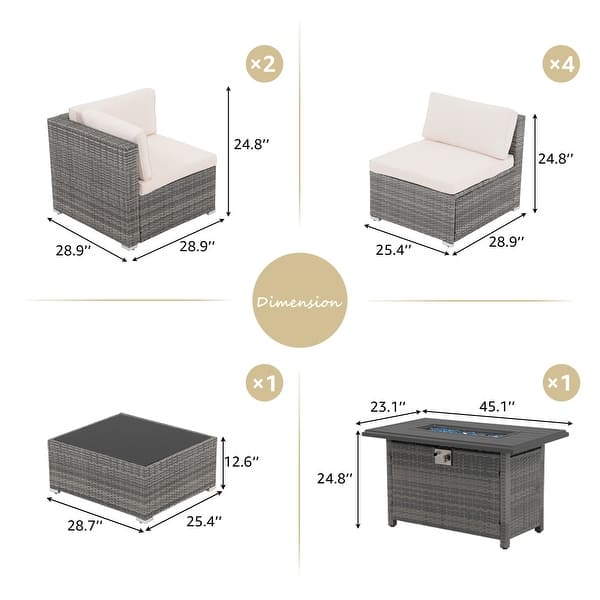 dimension image slide 8 of 9, Outdoor 8 Pieces Sectional Wicker Sofa Set with Fire Pit