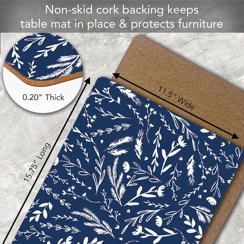 Navy Meadow Sketch Decorative Hardboard Placemats with Protective Cork Backing 4 Pack Heat Tolerant and Easily Wipes Clean